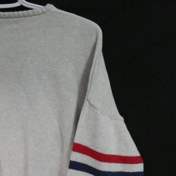 Women's Grey Cropped Sweater | medium | Red and Blue Striped Sleeves - Picture 11 of 15